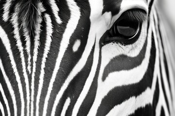 A close-up of a zebra's face, highlighting its unique black and white stripes and expressive eyes. The mane is partially visible, adding texture to the image.