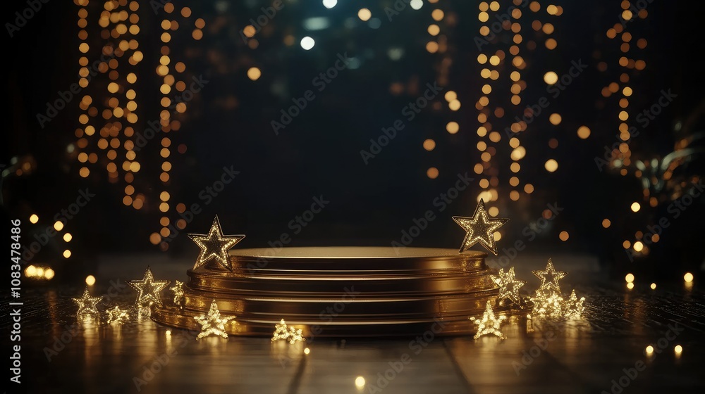 Poster glimmering stage with golden plates and dazzling stars surrounded by soft bokeh lights creating a ma