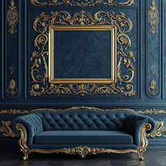 Regal Blue Velvet Sofa in Ornate Gold Frame Setting 