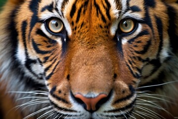 Obraz premium A close-up portrait of a tiger's face, capturing the intricate patterns of its fur and the deep amber color of its eyes. The sharpness of its whiskers 