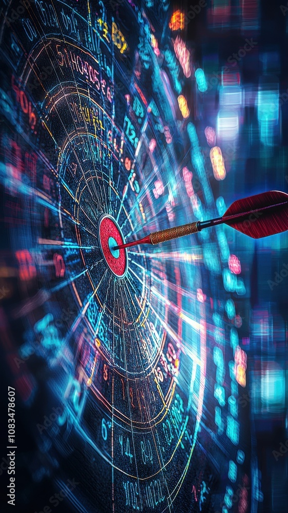 Poster a vivid, high-tech dartboard illuminated with colorful graphics, showcasing precision aiming and tar