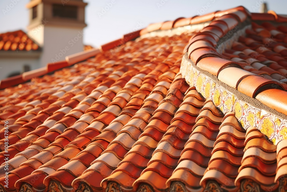 Poster a close-up view of a traditional tiled roof with vibrant red and orange tiles, showcasing the intric