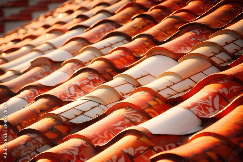 Poster a close-up view of a traditional tiled roof with vibrant red and orange tiles, showcasing the intric
