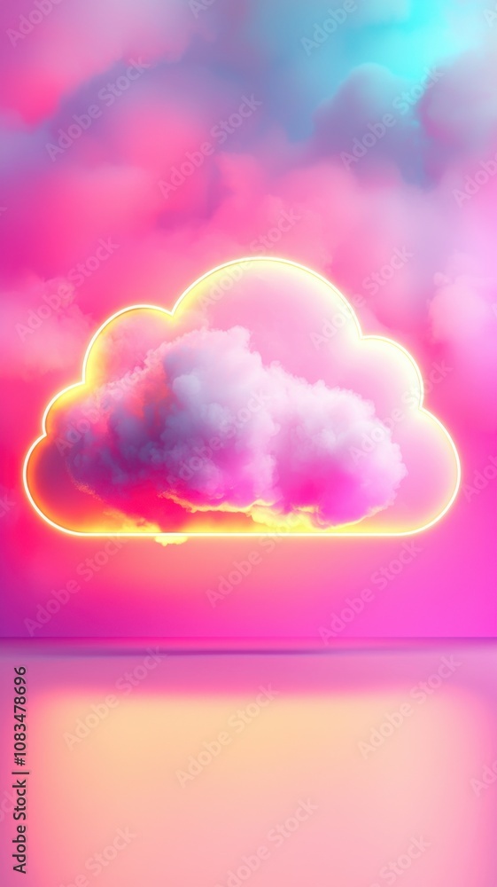 Poster a colorful cloud illuminated with neon hues, set against a soft gradient background, creating a drea