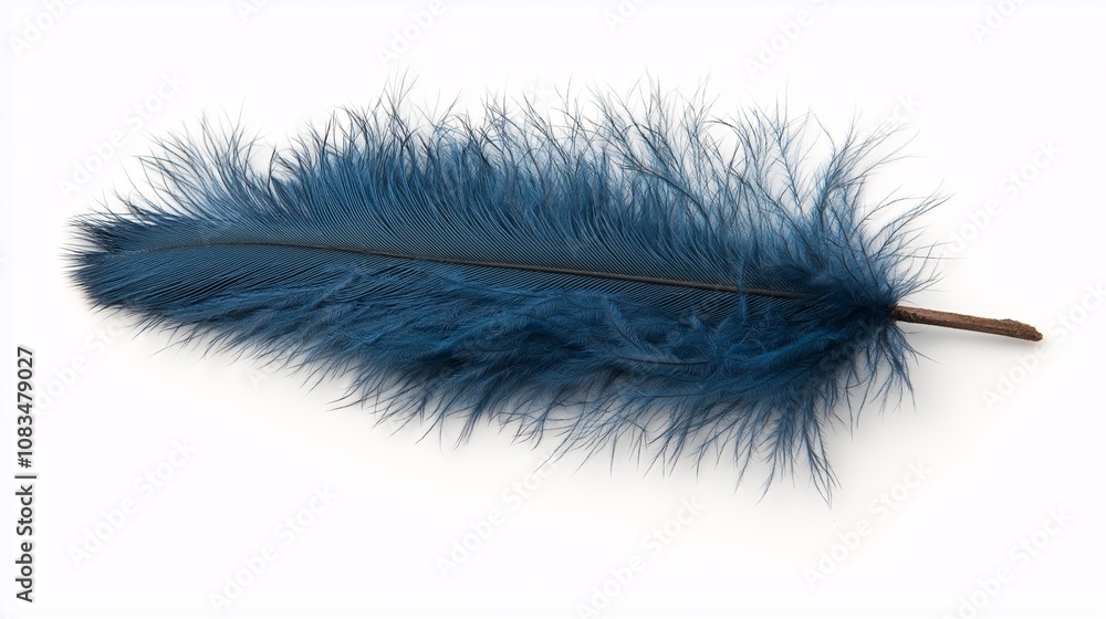 Poster isolated blue feather on white background showcasing unique texture and delicate appearance for crea