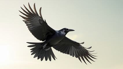 Fototapeta premium A dark gray crow is in flight against a light gray sky.