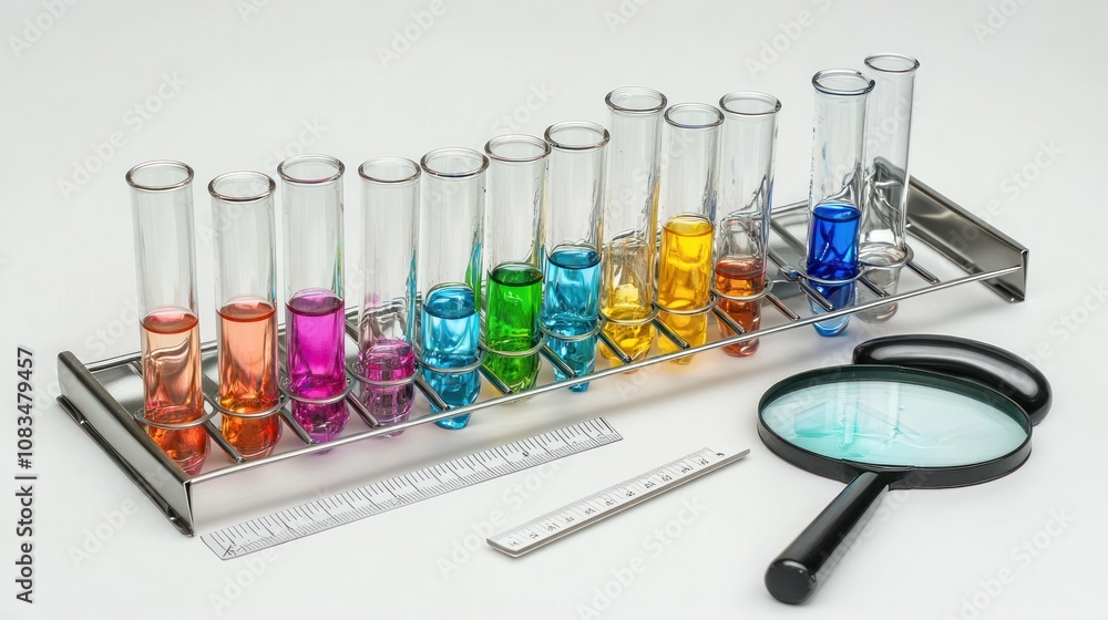 Poster a laboratory setup featuring colorful test tubes, a magnifying glass, and a ruler for experiments.