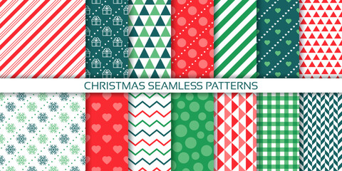 Christmas wrapping paper. Seamless pattern. Holiday Xmas background. Set green red wallpaper. Prints with candy cane stripe, gift box, snowflake, zigzag, triangle. Festive texture. Vector illustration