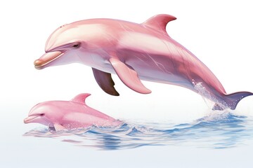 A pink dolphin mother with her calf swimming side by side, illustrating the bond between them. The bright pink color of their skin is vibrant against the clear blue water