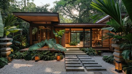 Obraz premium Modern wooden house nestled in lush tropical garden.