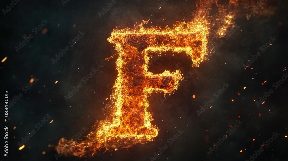 Poster fiery letter f creating a stunning visual burst of flames with bright sparks on a dark background fo