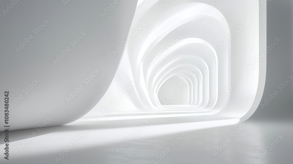 Poster 3d render of an abstract white background with curved lines and light, in a minimalistic style