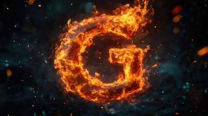 Fiery Letter G in Flames with Glowing Embers Against a Dark Background, Capturing the Essence of Heat, Energy, and Dynamic Movement in a Vivid Visual Representation