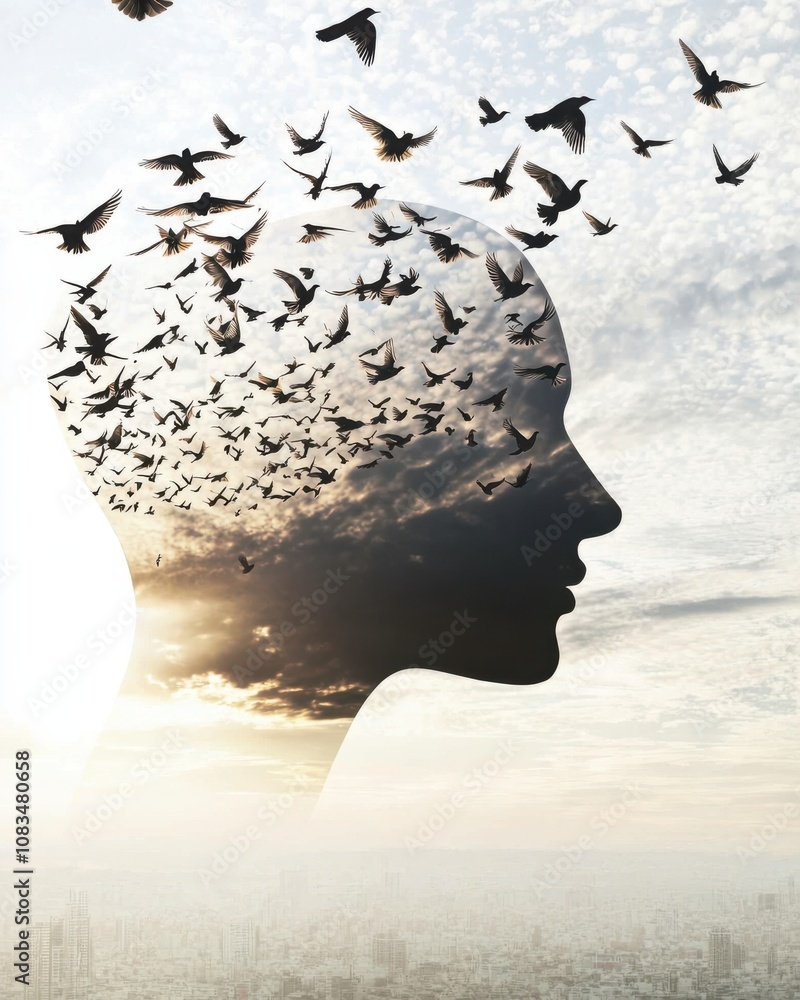 Poster explore the connection between freedom and imagination as birds emerge from a human silhouette in a 