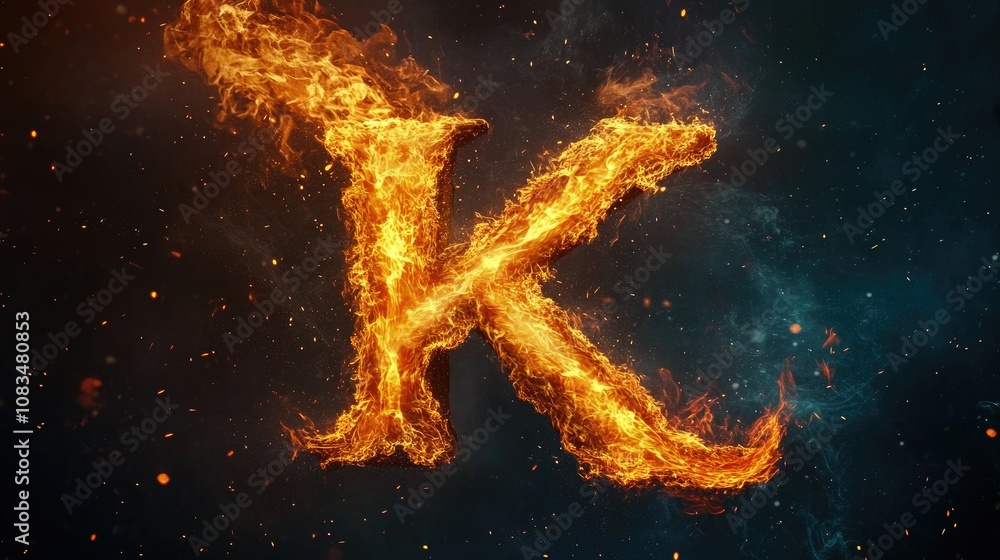 Poster fiery letter k in flames with sparkling embers and glowing effects on dark background for dynamic an