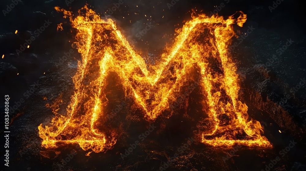 Poster fiery letter m in flames with a dark background creating a dramatic and intense visual impact for cr