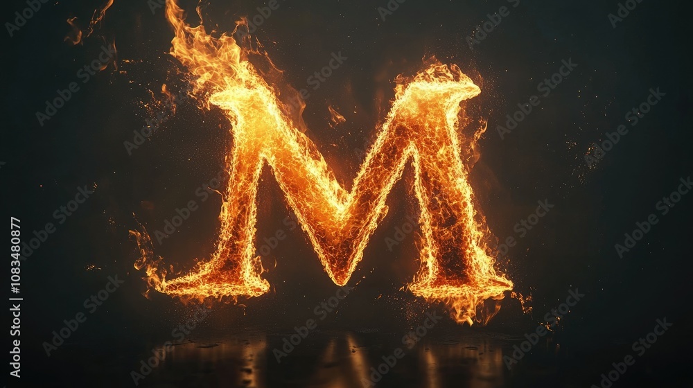 Poster fiery letter m in bright flames with sparks and shimmering effects creating an eye-catching and dyna