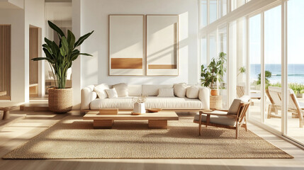 Fototapeta premium modern luxury living room interior with white marble, A large living room with white furniture 