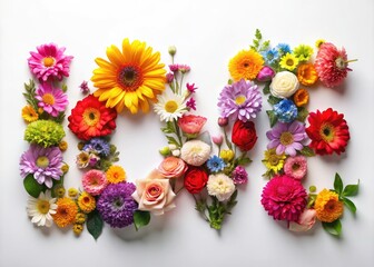 Obraz premium Love Word Floral Arrangement - Beautifully Crafted Isolated Transparent PNG with Vibrant Flowers and Copy Space for Romantic Designs, Perfect for Weddings, Invitations, and More