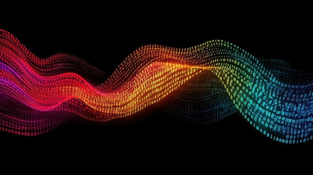 Colorful Digital Waves with Binary Code Flowing Through in a Modern Abstract Style on a Black Background for Technology and Innovation Themes