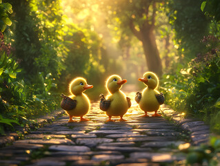 Fototapeta premium Three Adorable Yellow Ducklings Exploring a Picturesque Garden Path Surrounded by Lush Greenery and Beautiful Sunlight in a Charming Fairy Tale Setting