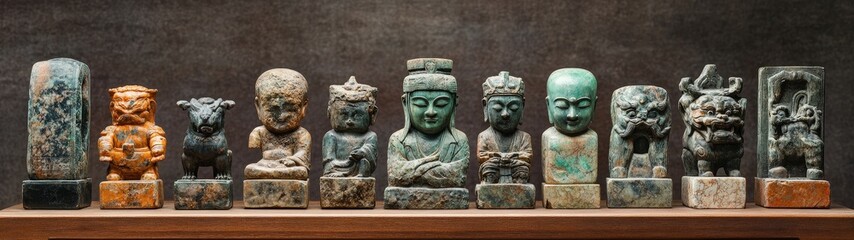 A collection of ancient sculptures showcasing intricate designs and historical significance in a museum setting.