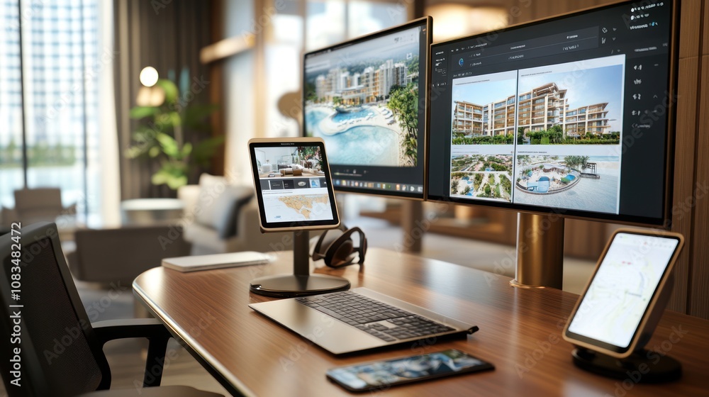 Poster a modern workspace featuring multiple screens and devices for productivity and design.