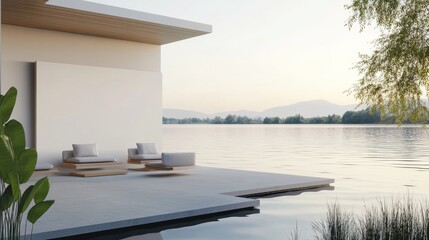 Fototapeta premium A serene minimalist escape adorned with a white canvas backdrop, Floating furniture arrangement in a serene lakeside cottage, Lakeside minimalism style