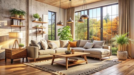 Fototapeta premium Modern Minimalist Cozy Living Room Interior with Neutral Colors and Natural Light, Stylish Decor, Warm Atmosphere, Elegant Furniture, Bright Spaces, Minimal Design, Contemporary Decor