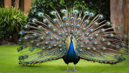Obraz premium A majestic peacock displaying its fully spread feathers