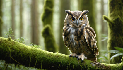 Obraz premium An owl perched on a mossy branch in a forest