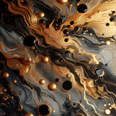 Handcrafted Cocoa Oil Brush Strokes in Gold and Black: Fluid Acrylic and Oil on Canvas, with Scattered Blobs and Dynamic Brushwork