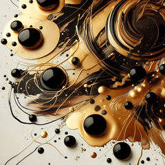 Handcrafted Cocoa Oil Brush Strokes in Gold and Black: Fluid Acrylic and Oil on Canvas, with Scattered Blobs and Dynamic Brushwork