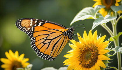 A monarch butterfly resting on a vibrant sunflower