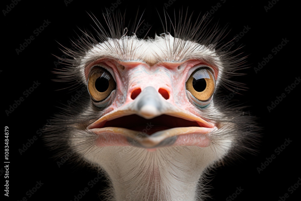 Poster a portrait of an ostrich with a dramatic angle, focusing on its textured feathers and distinctive fa