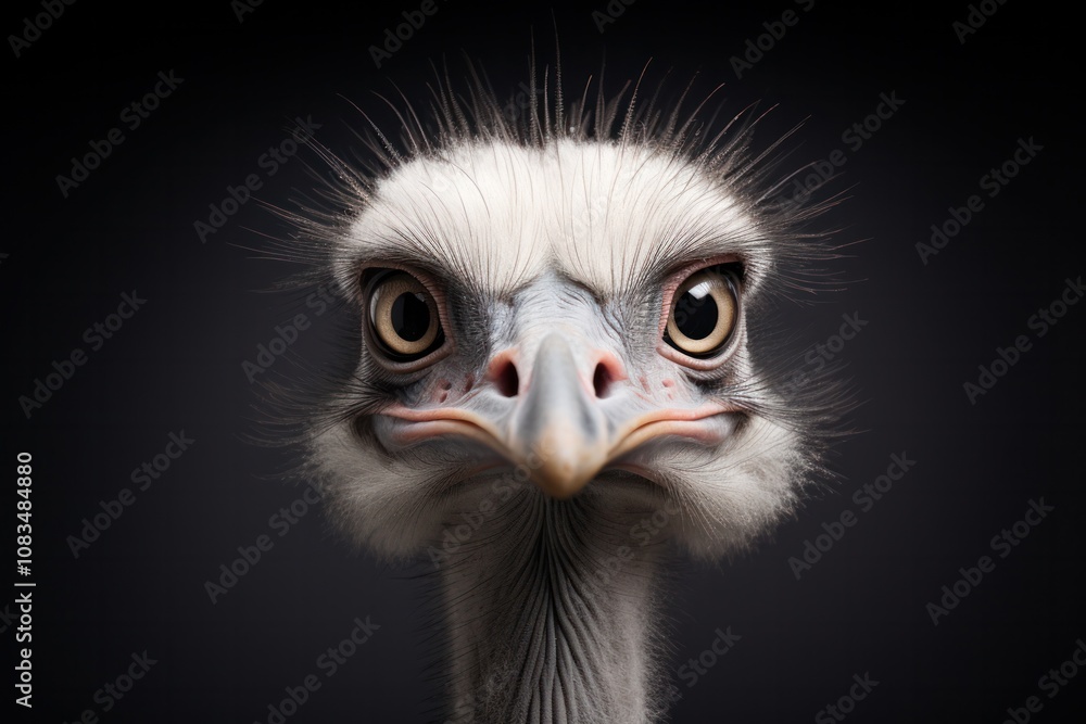 Poster a portrait of an ostrich with a dramatic angle, focusing on its textured feathers and distinctive fa