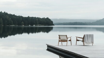 A serene minimalist retreat with a white canvas backdrop, Minimal furniture arrangement in a lakeside cabin, Lakeside minimalism style