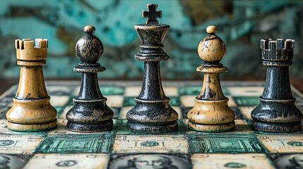 A close-up of chess pieces on a board with dollar bills underneath creates a vivid economic risk scenario, symbolizing strategic decisions and the fragility of wealth.