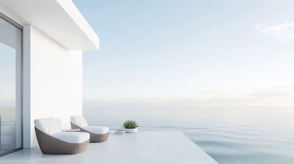 Naklejka premium A serene minimalist retreat with a white canvas backdrop, Minimal furniture arrangement in a lakeside cottage, Lakeside minimalism style