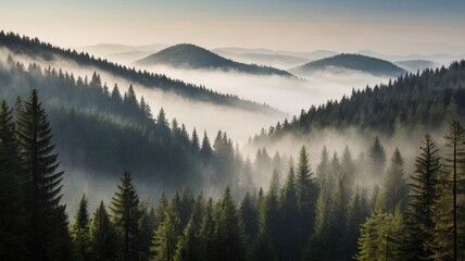 Obraz premium Coniferous forest in the mist of tree tops