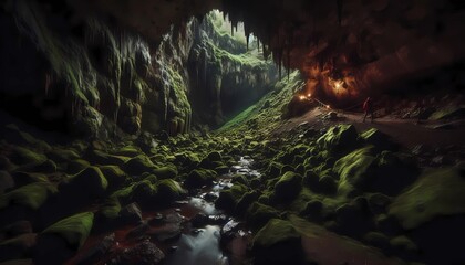 water flowing through the cave. Inside an old and spooky excavation cave, created with generative AI.