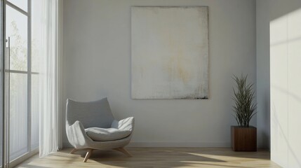 Fototapeta premium Modern minimalist living room interior with abstract artwork and a cozy armchair