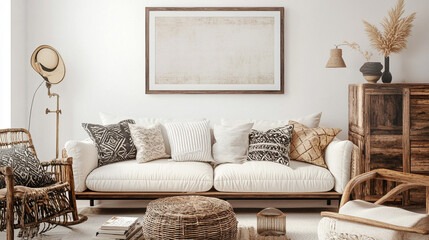 Retro style in beautiful living room interior with grey empty wall, Minimal living room with wooden coffee table near sofa close-up. Interior in trendy peach colors