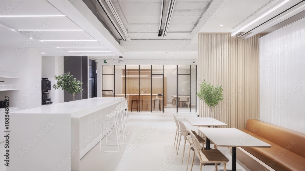 Poster A sleek and contemporary co-working space design featuring a pristine white canvas backdrop, Minimalist co-working essentials arranged for functionality and style, Contemporary minimalist style
