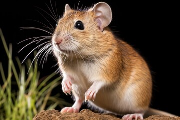 Side view of a young brown gerbil, featuring its compact body and striking fur pattern. The gerbil stands upright, gazing directly at the camera with a playful expression. Its small