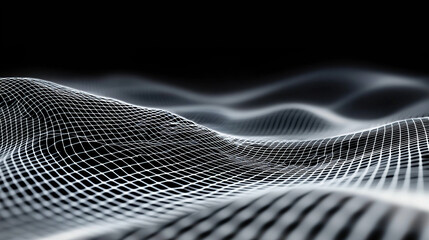 Abstract white mesh on black background, 3d rendering of digital gradient landscape with lines and dots for technology or music concept