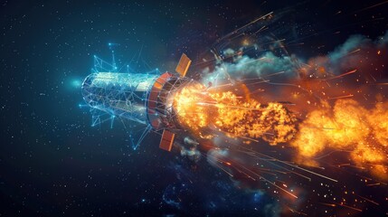 A futuristic rocket ship blasts off into space leaving a trail of fire and smoke.