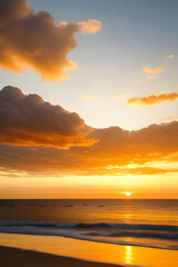 Sunset, Sky clouds over sea in the Evening with Orange, Yellow Gold sunlight in Golden hour and Dramatic fluffy, Horizon sea Summer sky landscape, Dusk sky background