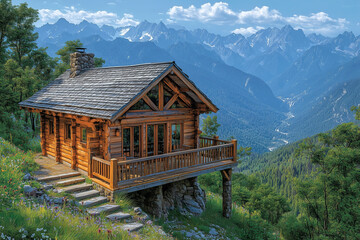 Solitary wooden cabin high in the mountains