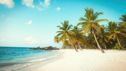 Tropical sandy ocean beach with palm trees vintage toned film distress flare, film, ocean beach